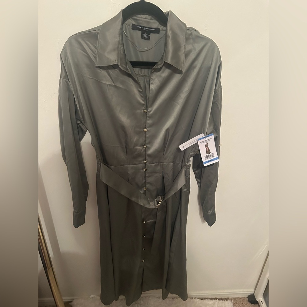 French Connection Green Long Sleeve Notched Collar Dress